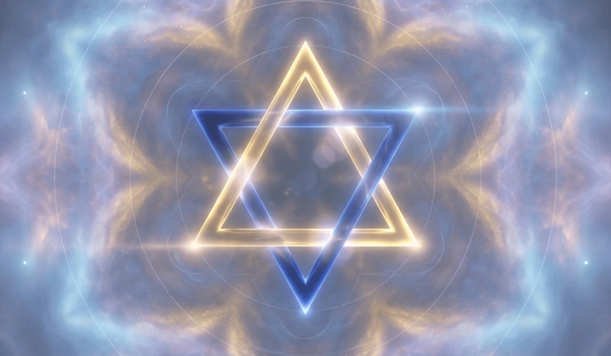 Geometric visualization of the Star of David representing the balance between heaven and earth through interlocking triangles.