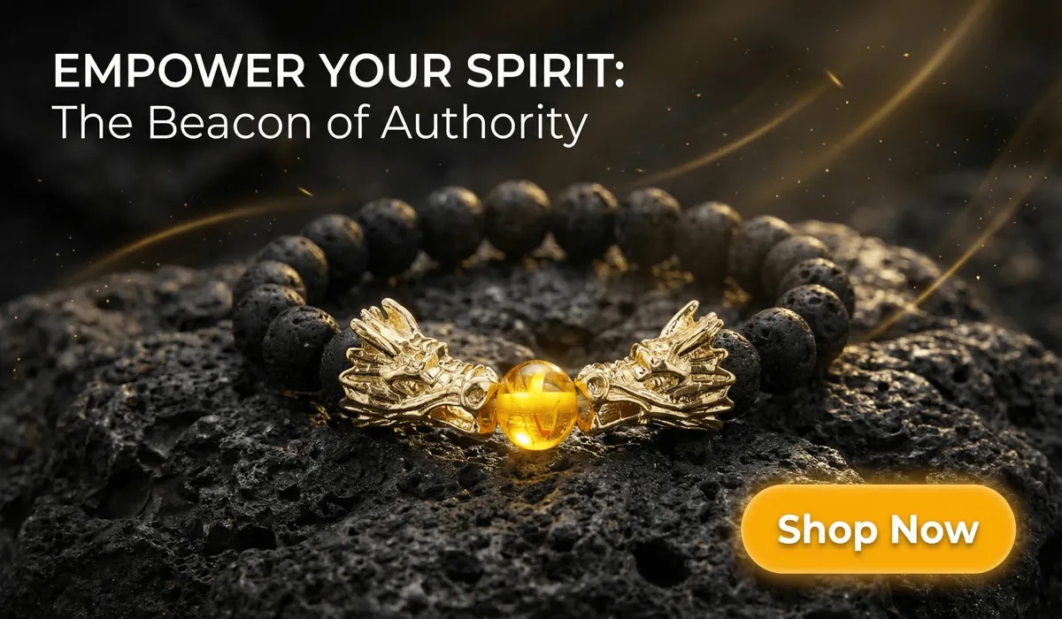 Power-Attracting Double Dragon Head Lava Stone Amber Bracelet on a luxury dark stone background with a Shop Now button, representing authority and prosperity.