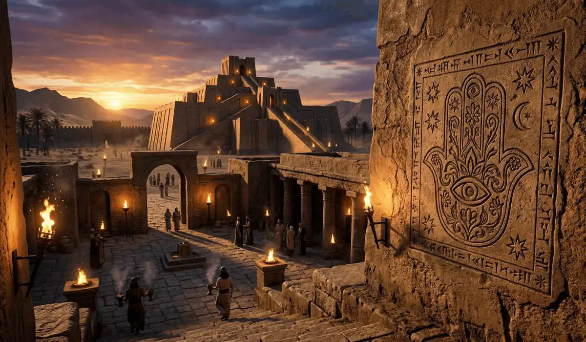 Ancient stone Hamsa Hand symbol carved into a Mesopotamian temple wall at sunset, representing the historical origins and sacred lore of the Hand of God.