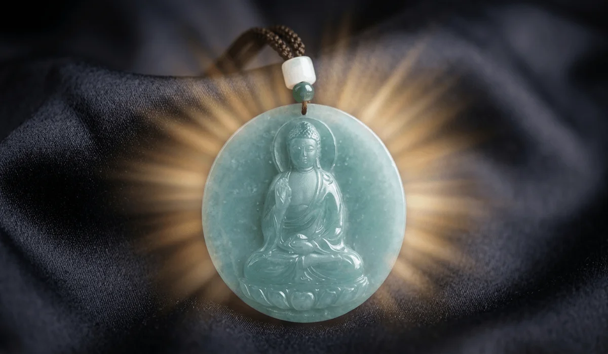 Exquisite Green Jade Amitabha Buddha pendant, the spiritual protector for those born in the Year of the Pig, glowing with divine infinite light.