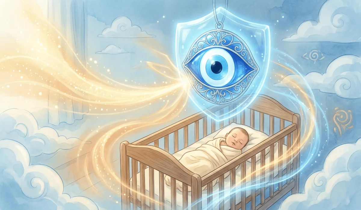 A conceptual illustration of a blue evil eye charm acting as a protective shield for a sleeping infant against negative energy.