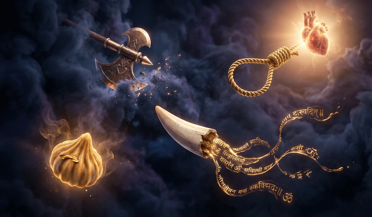 Conceptual 3D visualization of Ganesha's sacred tools: the axe, noose, and broken tusk representing spiritual growth.