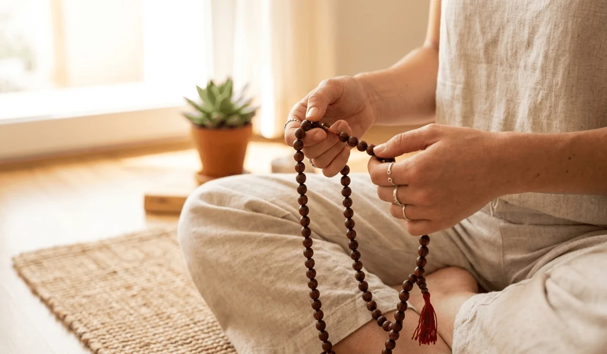 A practitioner using Rosewood beads for meditation and mindfulness to achieve inner peace and a clear mind.