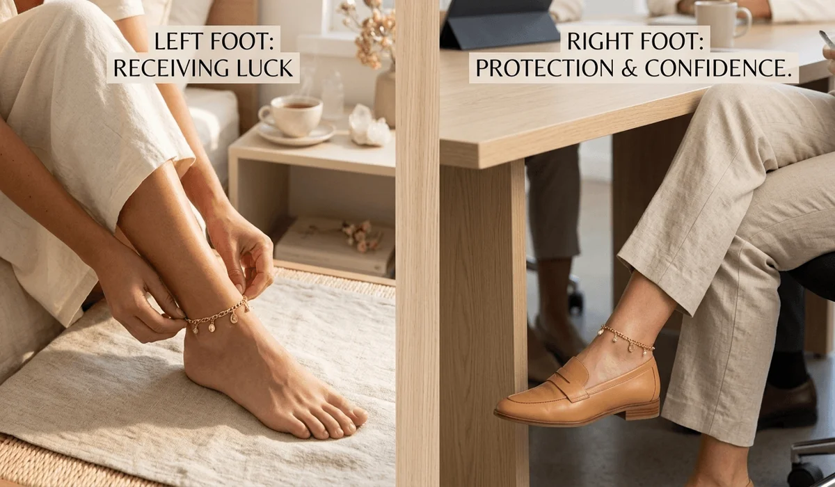 Comparison of wearing a Feng Shui anklet on the left foot for attracting wealth versus the right foot for protection.