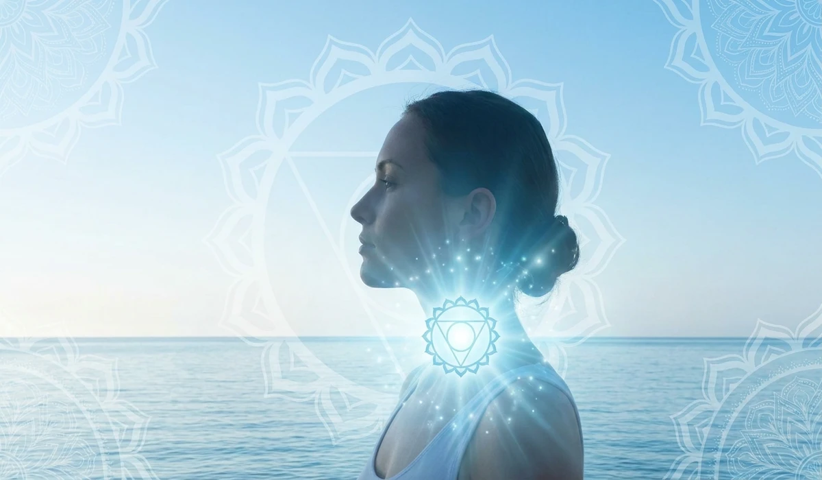 A spiritual illustration of the throat chakra glowing blue, representing aquamarine's connection to communication and inner truth.