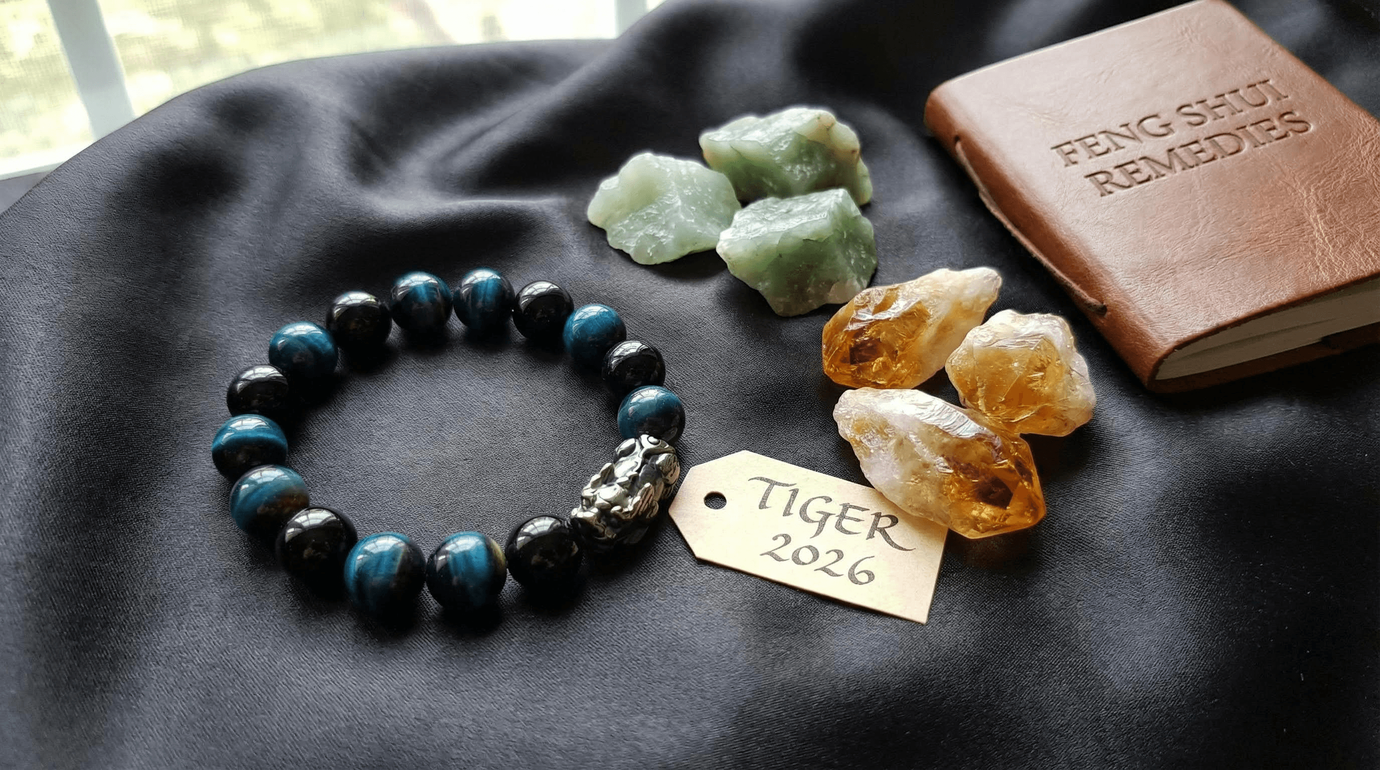 A flat-lay of Feng Shui remedies including a Blue Tiger's Eye bracelet, Green Jade, and Citrine crystals.