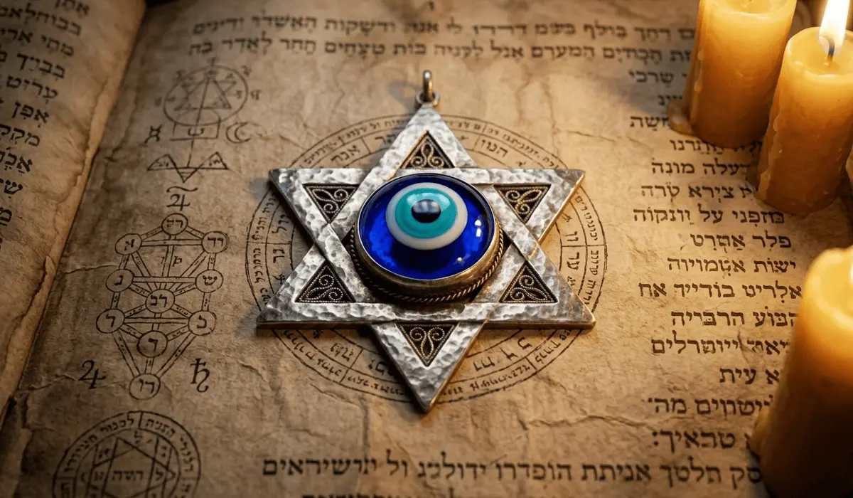 Antique Star of David talisman with an Evil Eye centerpiece resting on aged Kabbalistic parchment with sacred geometry.