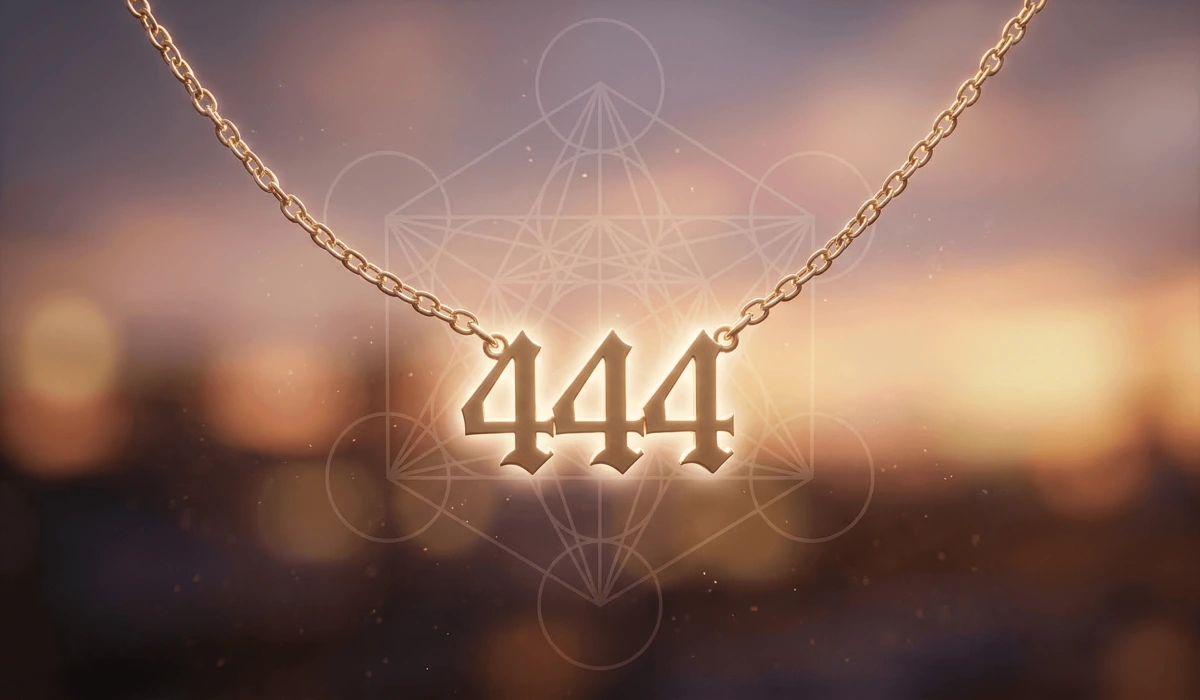 Detailed close-up of a gold 444 angel number necklace symbolizing divine alignment and spiritual synchronicity.