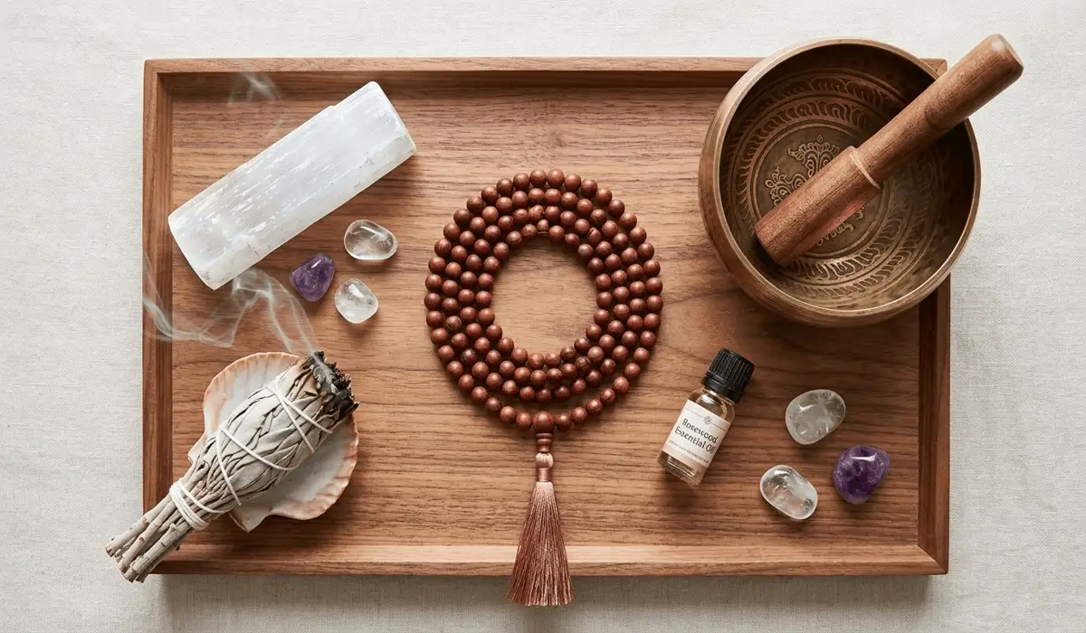 Spiritual cleansing setup with wooden mala beads, sage, and a Tibetan singing bowl.