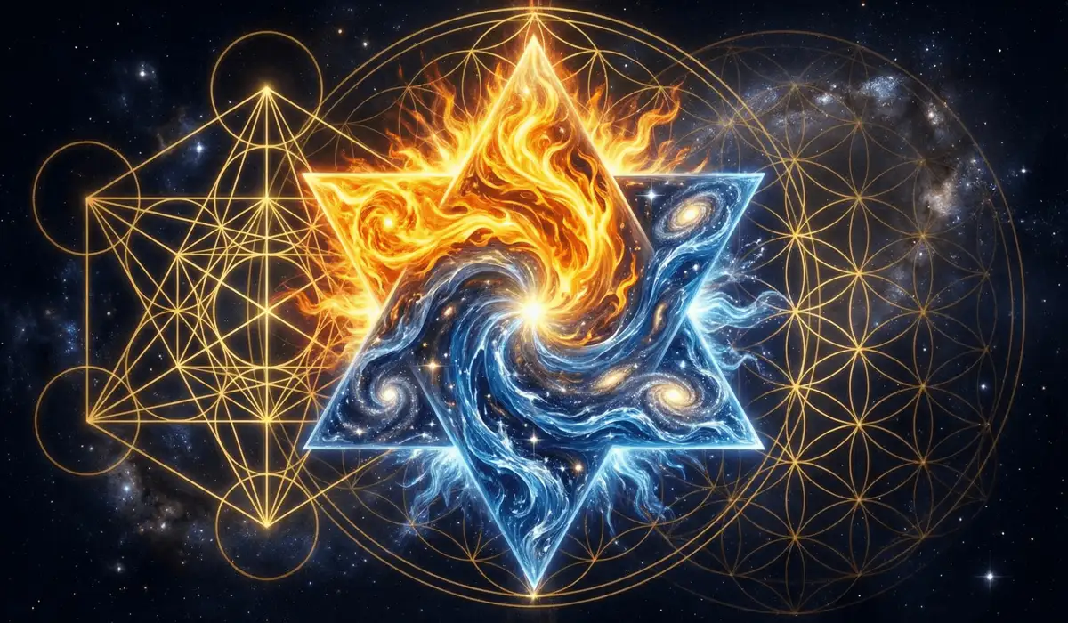 Interlocking triangles of fire and water forming the Star of David, symbolizing the harmony between the spiritual and physical realms.
