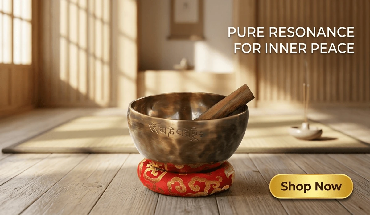 Handmade Nepalese Full Moon Singing Bowl for Sound Healing on a red cushion, premium Zen meditation lifestyle image for wellness blog