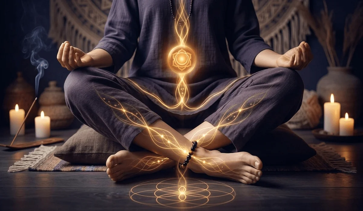 Spiritual visualization of energy flowing from a black obsidian anklet through the lower body to promote wealth alignment.