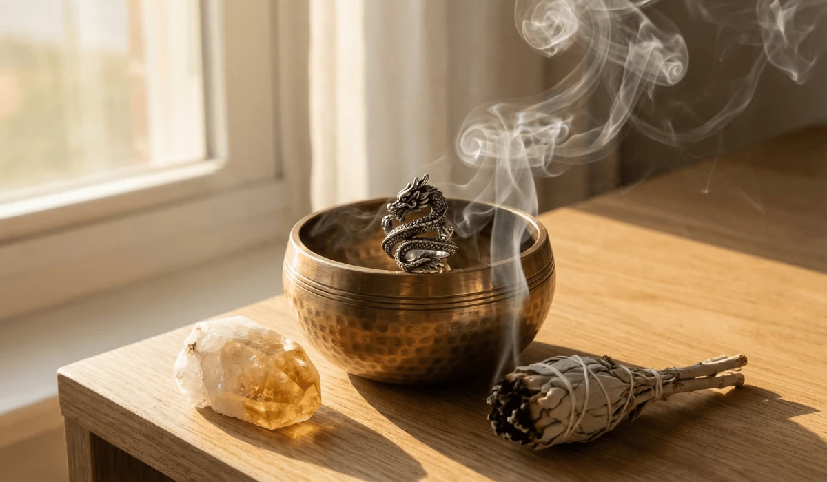 Cleansing and charging dragon jewelry with a singing bowl and Citrine crystal for professional energy.