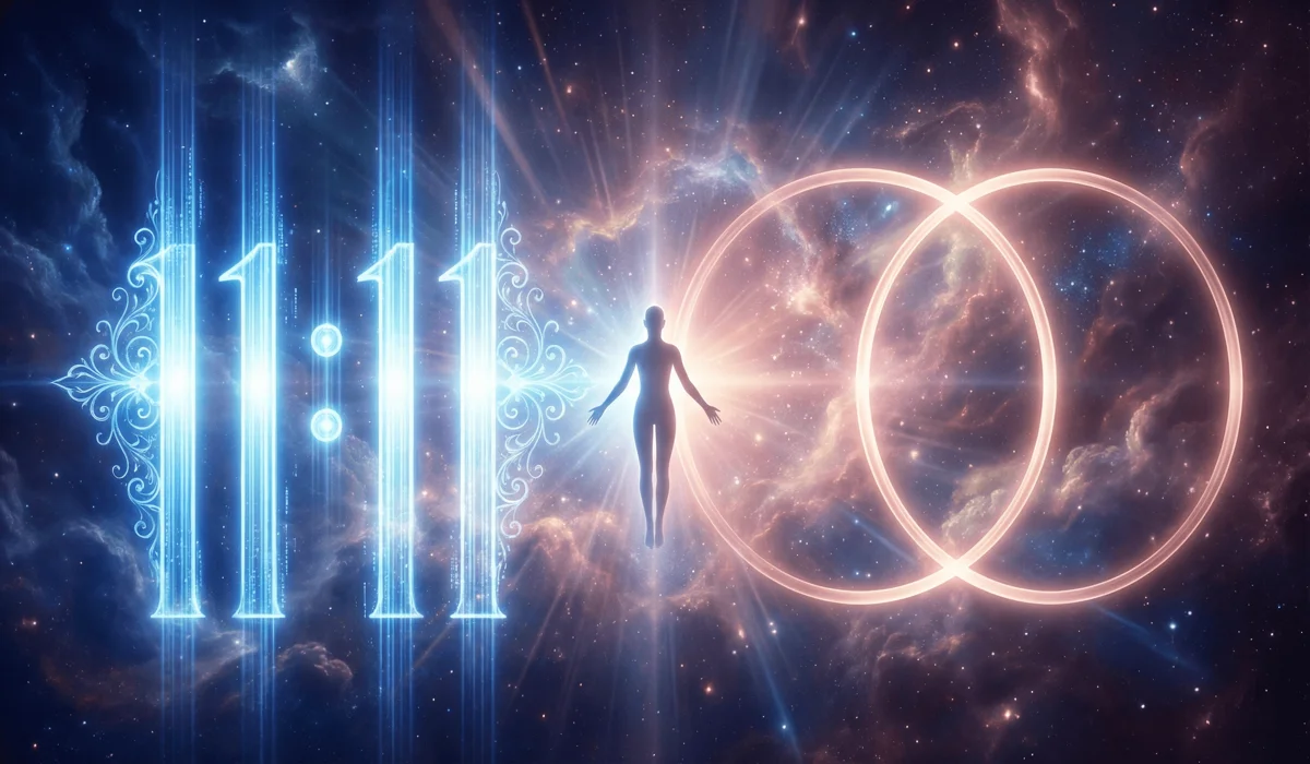 A spiritual visualization of 11:11 portal and 222 sacred geometry symbolizing balance and awakening.