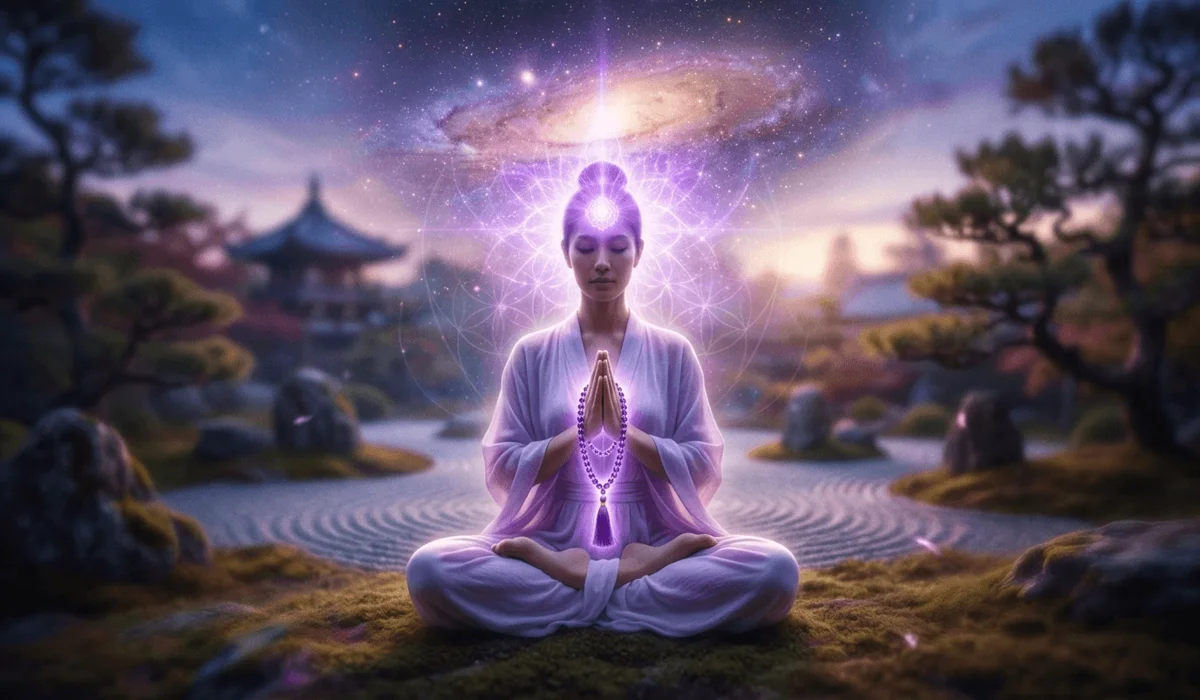Spiritual illustration of Crown Chakra activation using amethyst mala beads during meditation for inner peace.