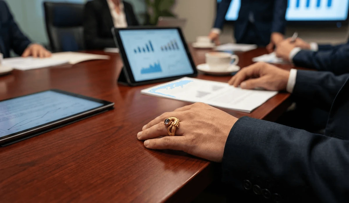 A dragon ring worn on the right hand during a business meeting to project authority and manifest career success.