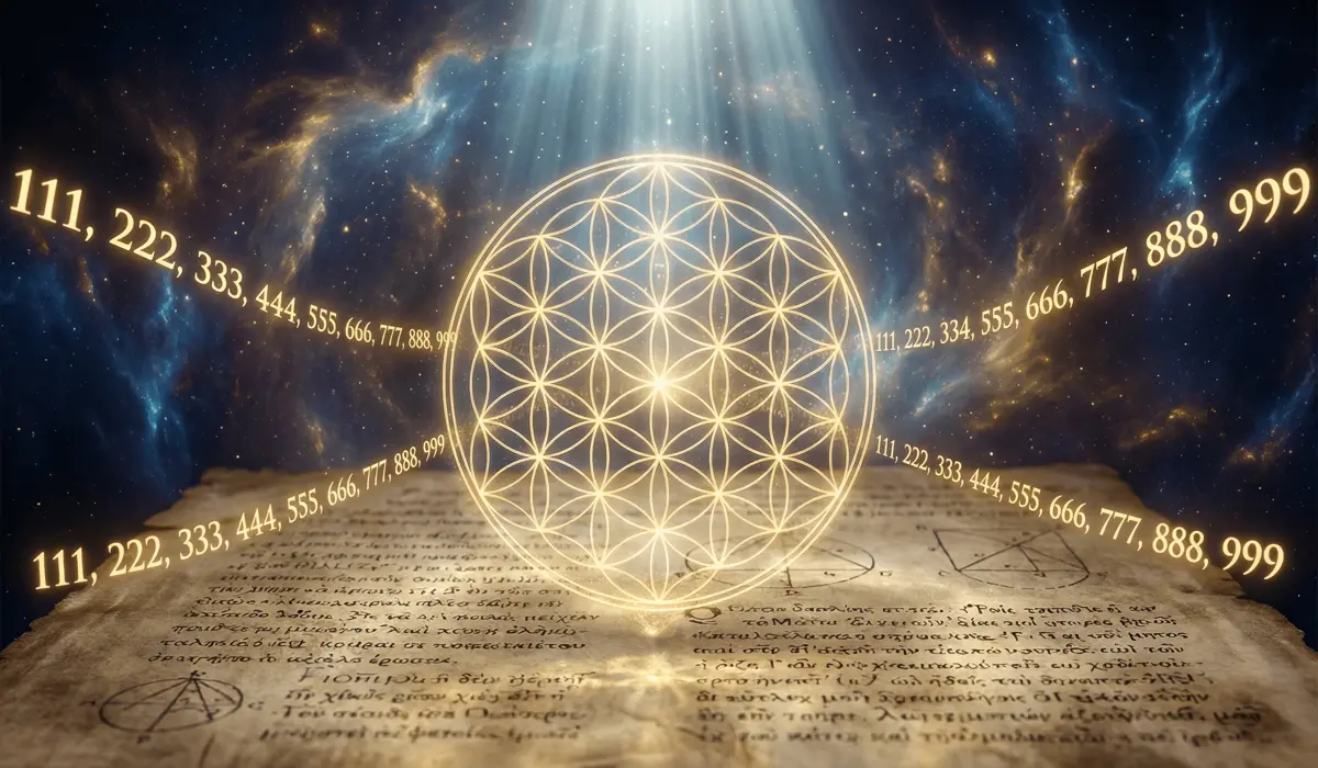 A mystical representation of sacred geometry and ancient Greek numerology foundations with glowing angel numbers in a cosmic setting.