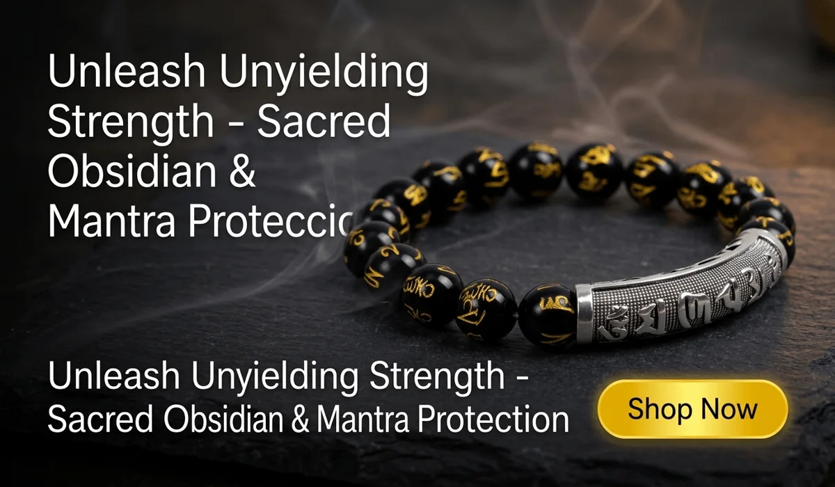 Obsidian Guardian Mantra Bracelet featuring gold Sanskrit engraved beads and silver mantra cylinder, presented in a luxury e-commerce blog style.
