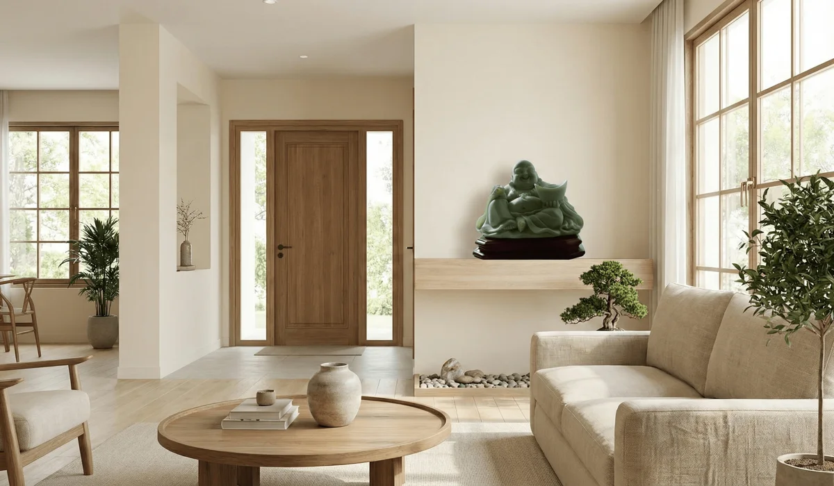 A Laughing Buddha statue correctly placed on an elevated pedestal facing the home entrance according to Feng Shui etiquette.