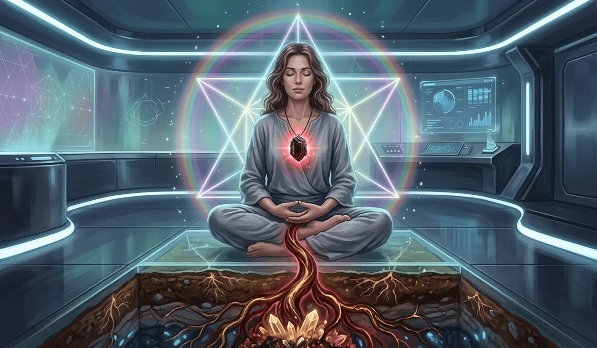 A person using Black Tourmaline for Root Chakra healing and spiritual grounding in a digital environment.