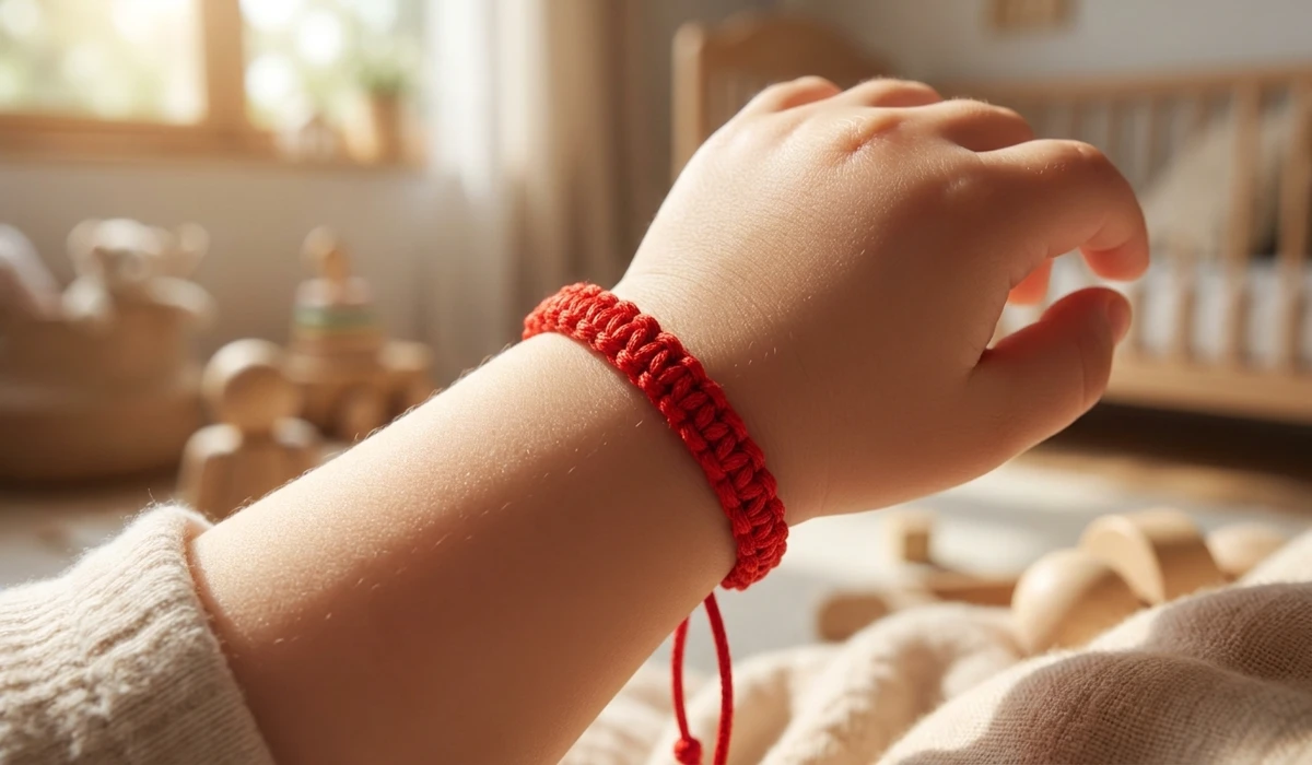 Close-up of a handcrafted Tibetan red string protection bracelet on a child's wrist, illustrating the sacred red string tradition.