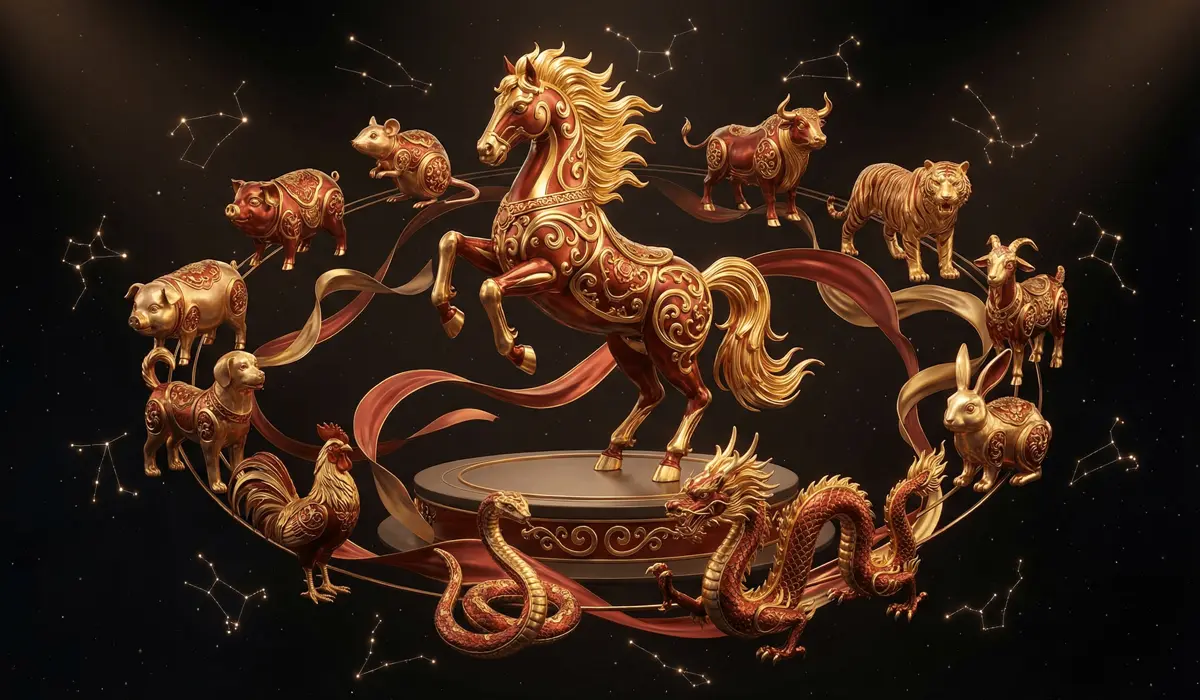 3D illustration of the 12 Chinese Zodiac signs cycle with the Horse sign centered, representing the Ben Ming Nian cycle.