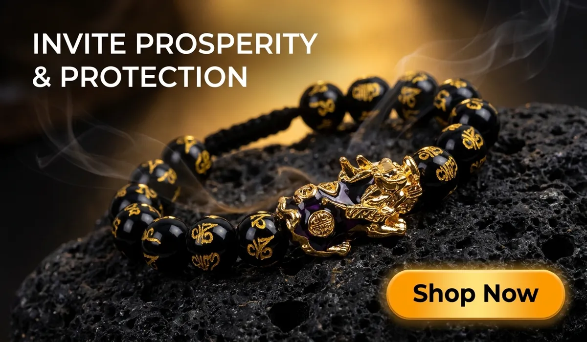 Wealth-Attracting Pixiu Obsidian Money Bracelet for prosperity and protection, featuring a Shop Now button for e-commerce blog.