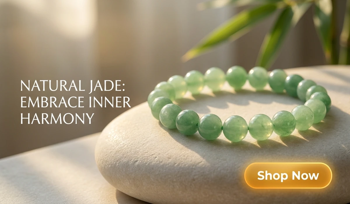 High-end green jade beaded bracelet for spiritual protection and inner harmony, featuring an elegant e-commerce design with a Shop Now button for blog content.