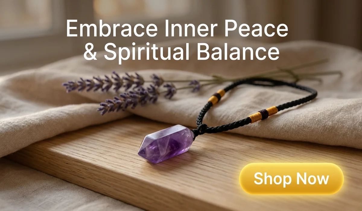 Amethyst Serenity Necklace with purple crystal pendant for spiritual balance, featuring a 'Shop Now' button in a high-end lifestyle setting.