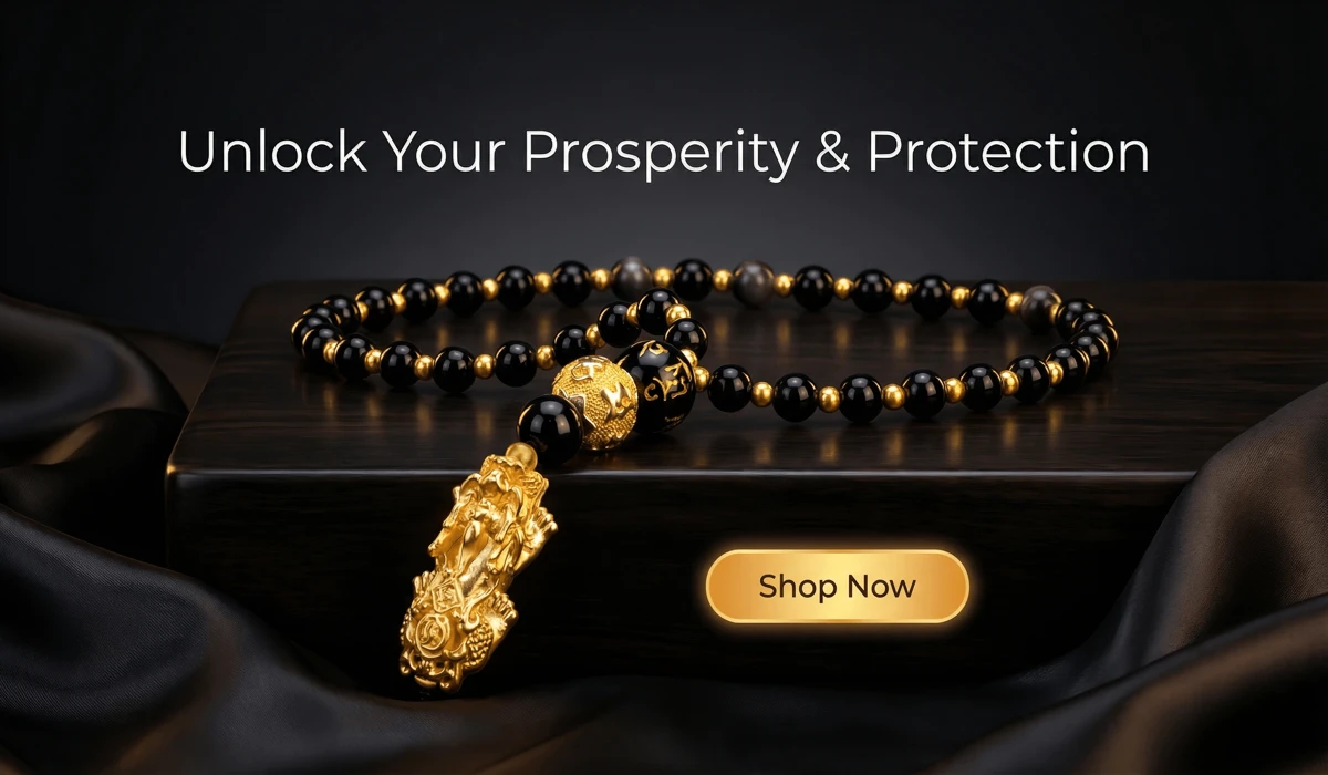 Obsidian Pixiu Pendant Necklace for wealth and protection - High-end Feng Shui jewelry featured in a lifestyle blog setting with a Shop Now button.