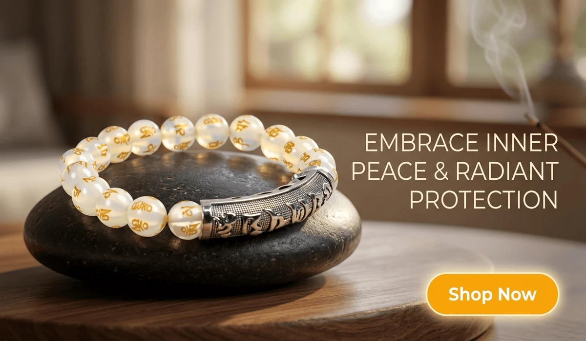Glowstone Serenity Mantra Bracelet with gold inscriptions and silver charm on a Zen-style background for spiritual protection and peace.