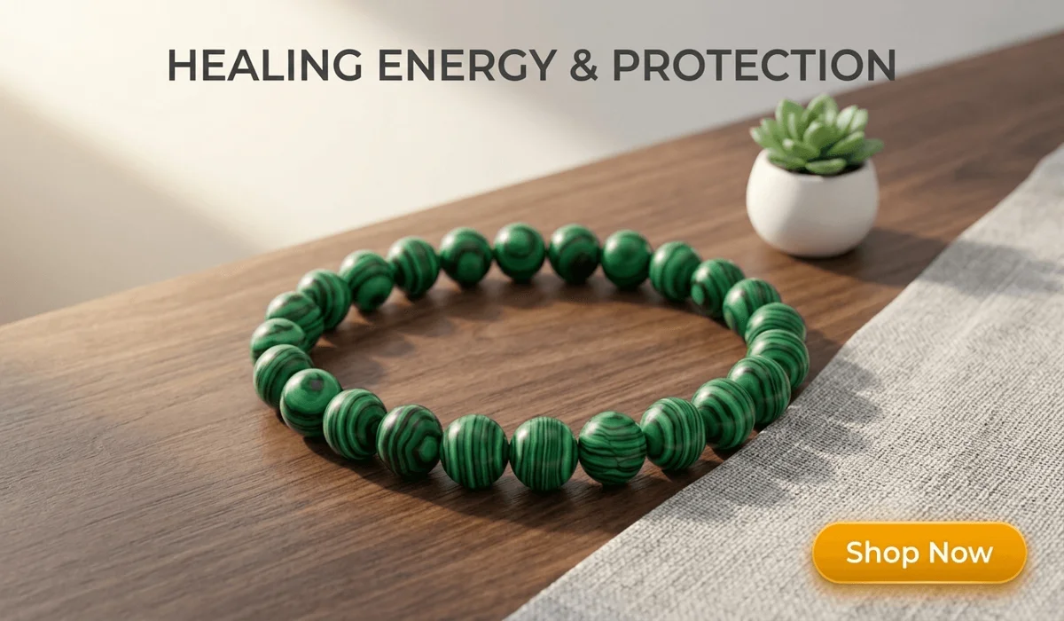 High-end Malachite Bracelet for Inner Peace and Spiritual Protection featured on a natural wood background with a Shop Now button for SEO blog content.