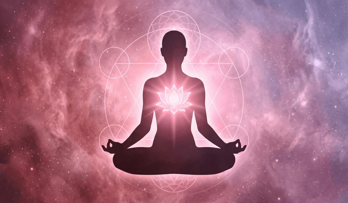 Heart chakra healing illustration showing balance and duality associated with the 222 frequency and Rose Quartz.