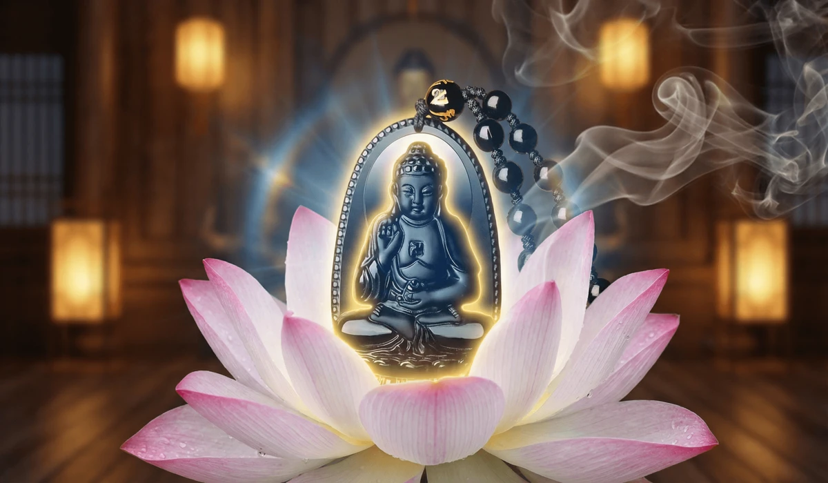 An obsidian Guardian Buddha pendant resting on a lotus, symbolizing spiritual protection and karmic shielding.