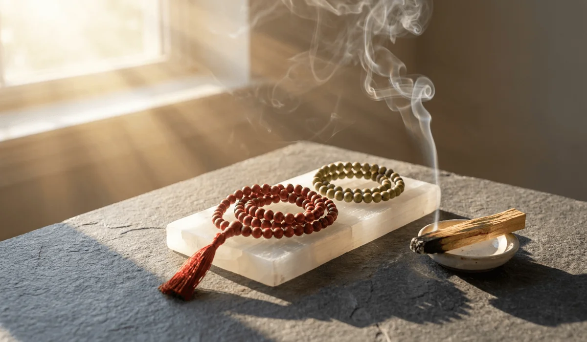 Cleansing and charging setup featuring red and green sandalwood mala beads resting on a selenite plate with Palo Santo smoke.