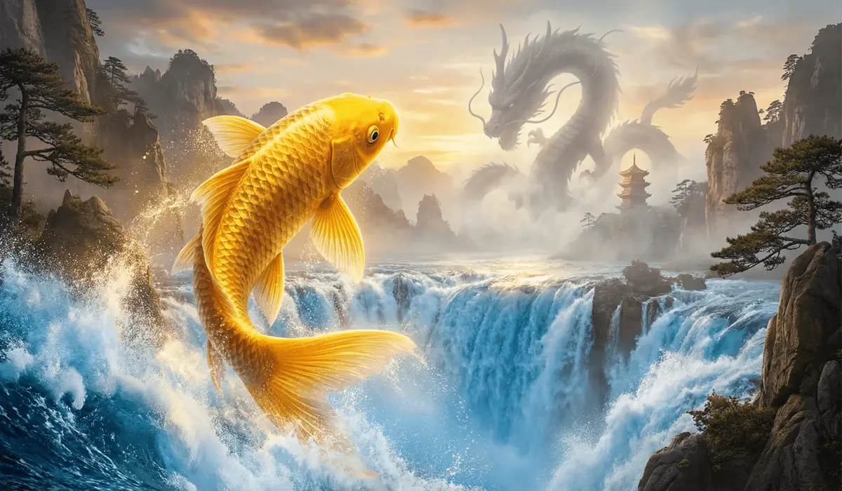 A golden Koi fish leaping over the mythical Dragon Gate, representing professional promotion and career transformation.