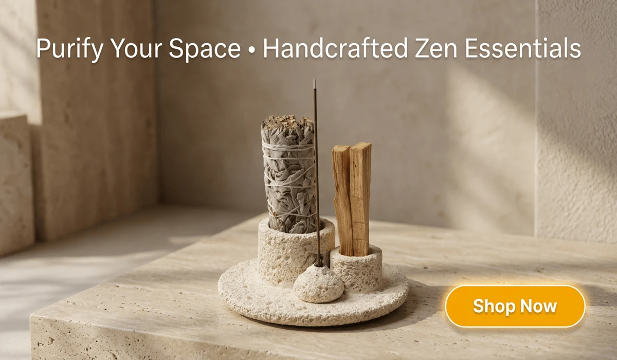 Multi-functional cement incense holder set with white sage bundle and Palo Santo wood sticks for home space purification and zen decor