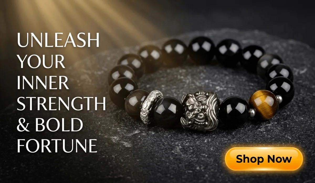 Courage-Awakening Lion Black Obsidian and Tiger's Eye Bracelet for bold fortune and protection, featuring a silver lion charm on a premium dark stone background with a Shop Now button.