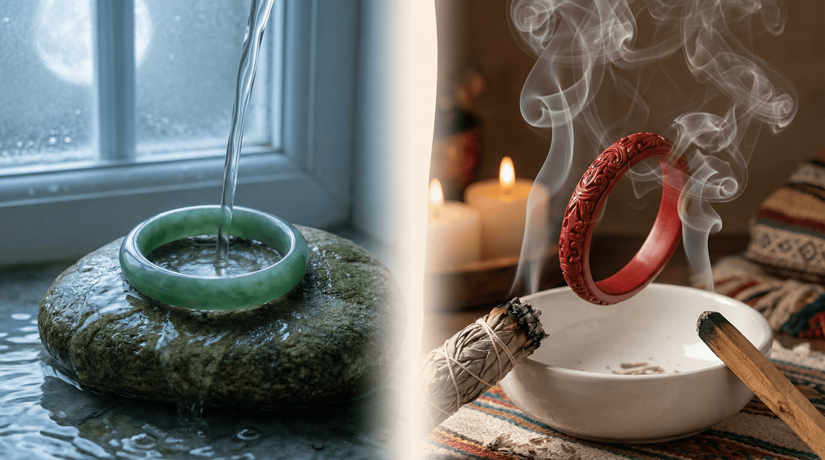 Visual guide on how to cleanse jade with water and charge cinnabar with sage smoke.