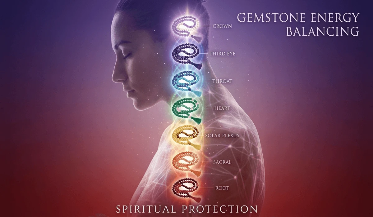 Conceptual artwork illustrating gemstone energy balancing and chakra alignment through wearing a mala bracelet.
