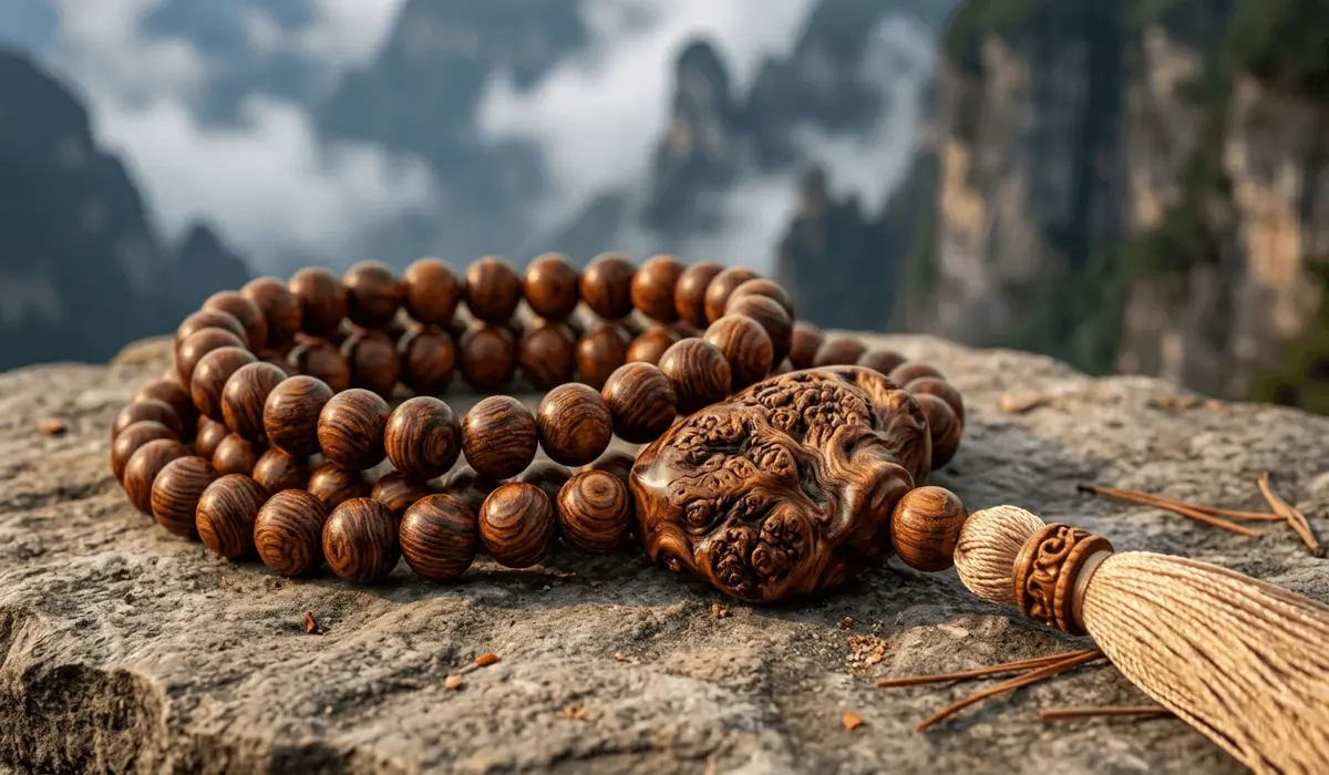 Macro view of 108 Thuja Sutchuenensis mala beads made from rare Cliff Cypress wood with a misty Sichuan mountain background.