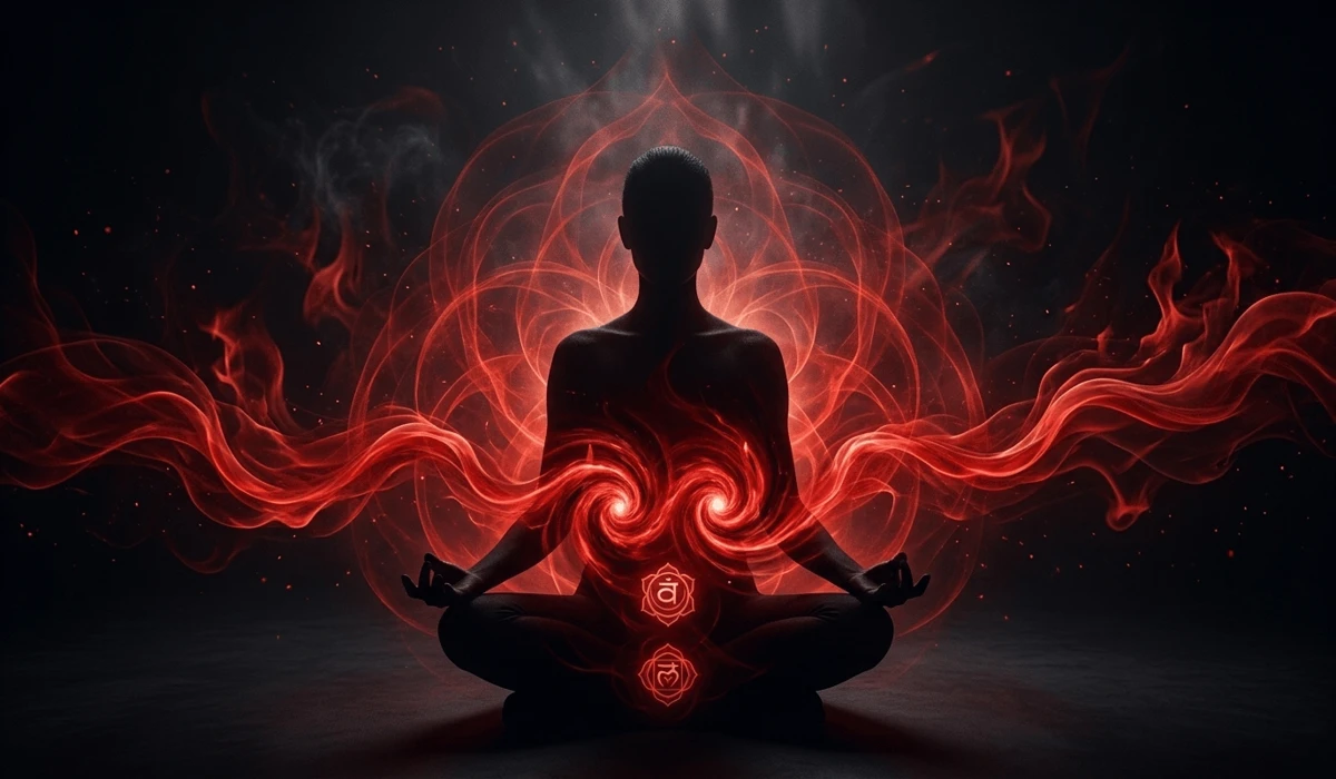 Visual representation of cinnabar's spiritual meaning, showing its connection to the root and sacral chakras and the flow of vital 'Qi' energy.