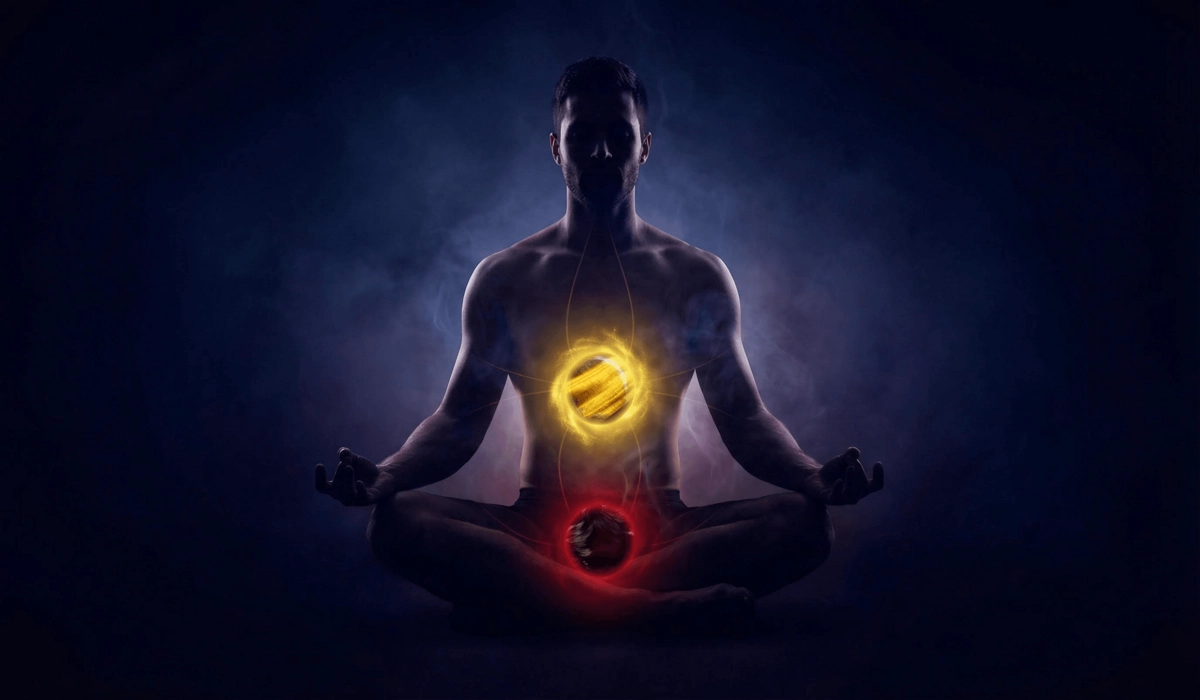 A symbolic visualization of root and solar plexus chakra alignment for men's spiritual protection and grounding.