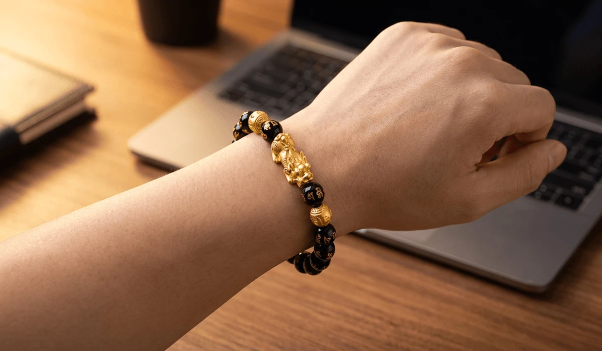 A close-up of a Black Obsidian Pixiu bracelet with 24K gold charm correctly positioned on the left wrist for modern wealth manifestation.