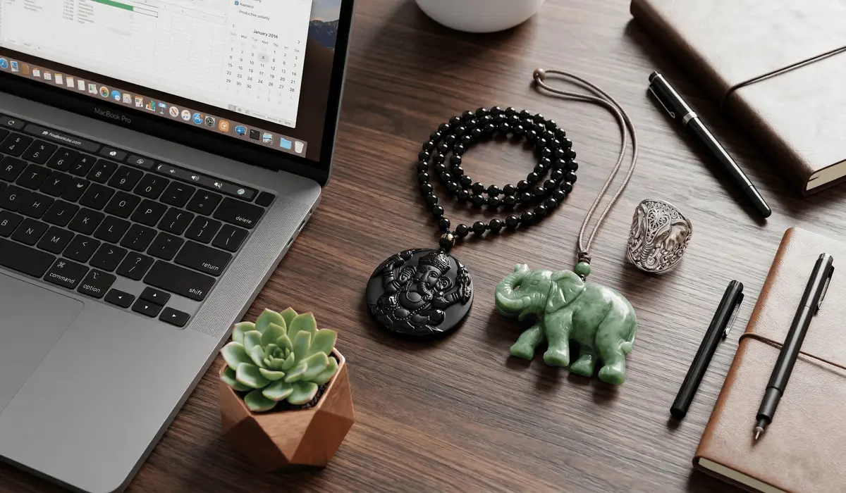 Feng Shui elephant jewelry and amulets made of jade and obsidian for protection and career success in a modern workspace.