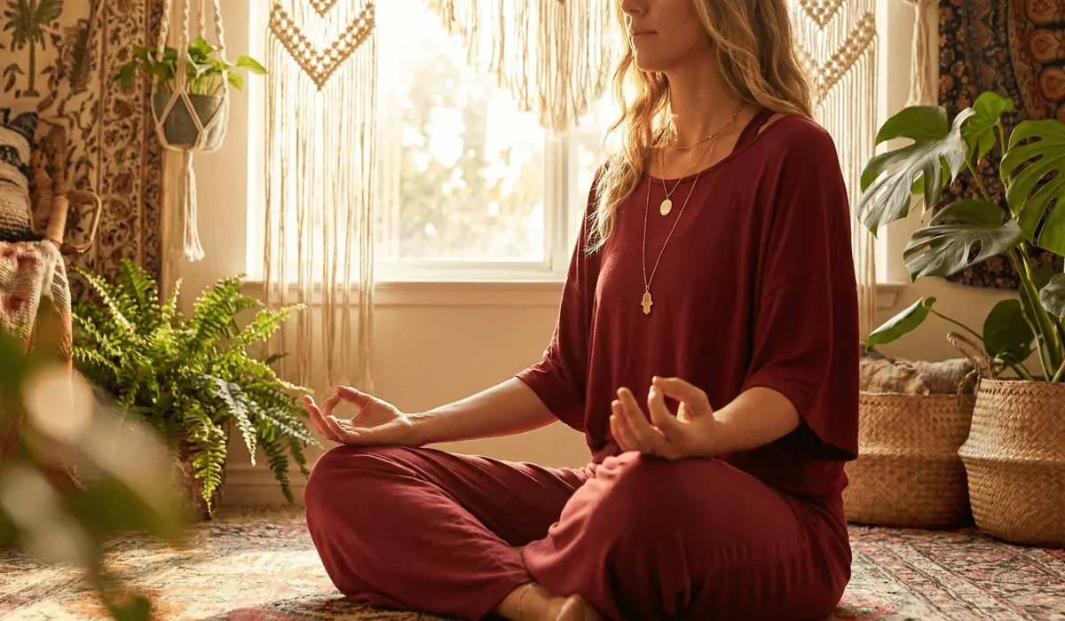 A woman wearing a gold 11:11 necklace while meditating to symbolize manifestation and abundance.