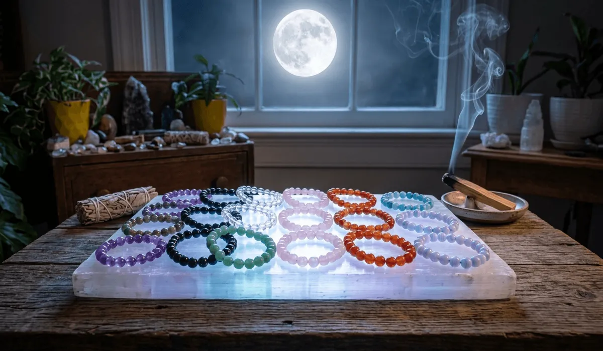 Multiple gemstone bracelets being cleansed and charged on a Selenite plate under moonlight with palo santo smoke.