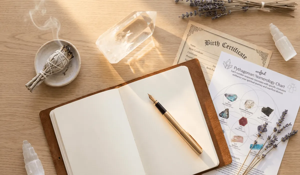 A spiritual workspace setup for angel number calculation featuring a journal, quartz crystal, sage smudge stick, and numerology charts.