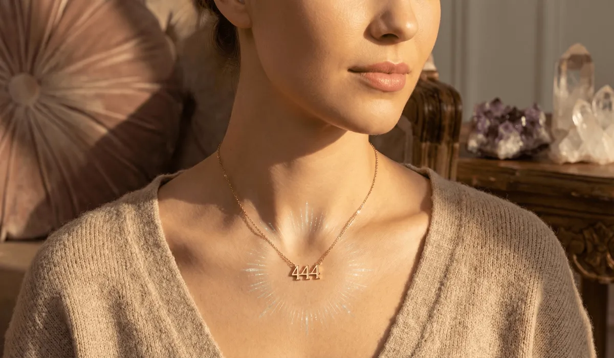 A woman wearing a gold angel number 444 necklace that radiates a protective spiritual aura, serving as a physical anchor for manifestation.