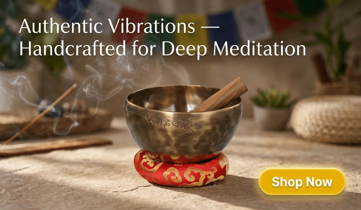 Handmade Nepalese Full Moon Singing Bowl with wooden striker and red embroidered cushion for sound healing and meditation